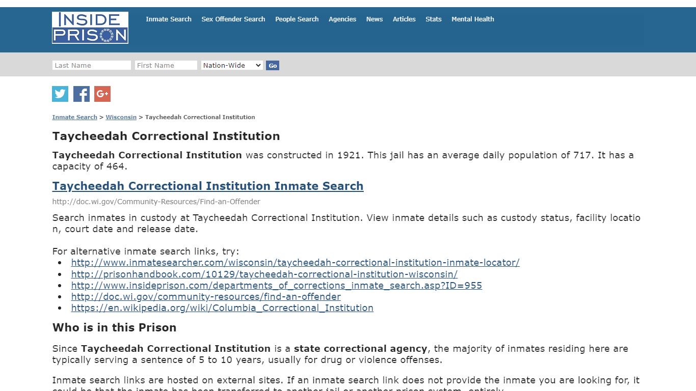 Taycheedah Correctional Institution - Inmate Search